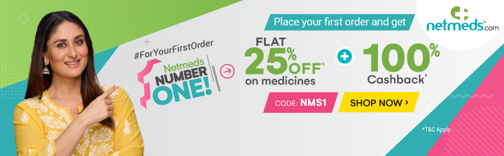 Use code NMS1 to get Flat 25% off on medicines + 100% cashback